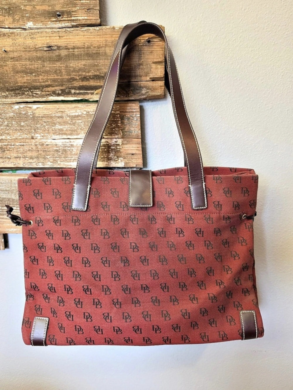 Dooney & Bourke Signature DB Monogram Canvas Shopper Tote Red & Brown